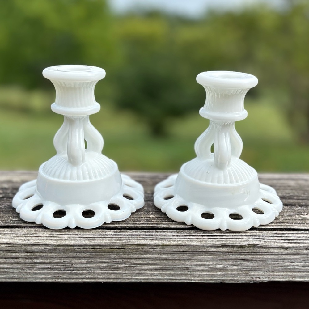 2 Vintage Westoreland Milk Glass Doric Lace Lattice Candle Holders